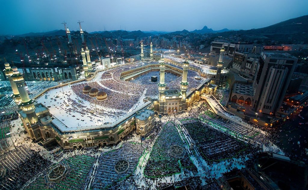 Aerial view of Masjid al-Haram and the Holy Kaaba at night